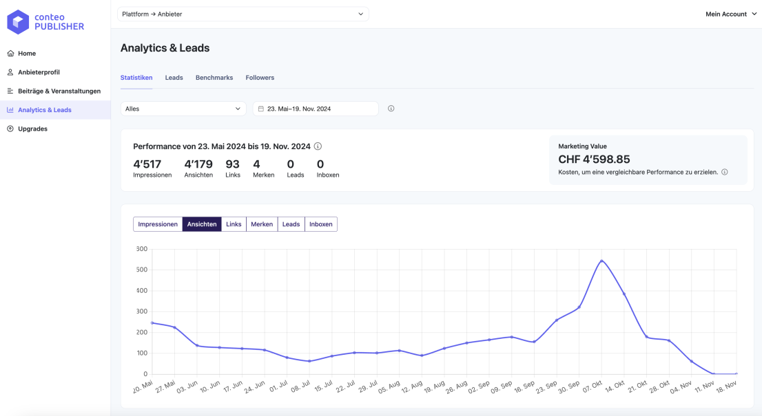 Das Dashboard „Analytics & Leads“ zeigt Website-Kennzahlen wie Impressionen, Aufrufe, Klicks und Leads vom 23. Mai bis 19. November 2024 an. Ein Liniendiagramm unten zeigt die Schwankungen der täglichen Website-Aufrufe im Zeitverlauf.
